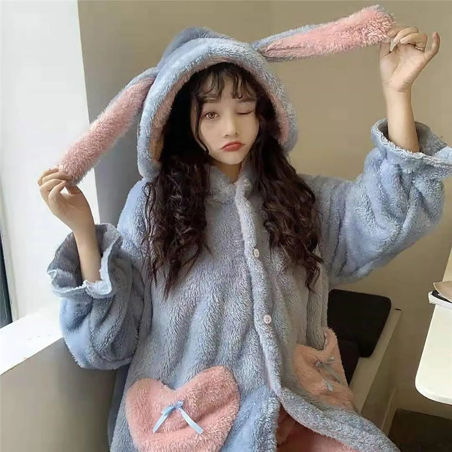Women's Fuzzy Robe Cute Cartoon Coral Velvet Pajama Robe Soft Comfy Hooded Bathrobe Ladies Sleepwear Housecoat