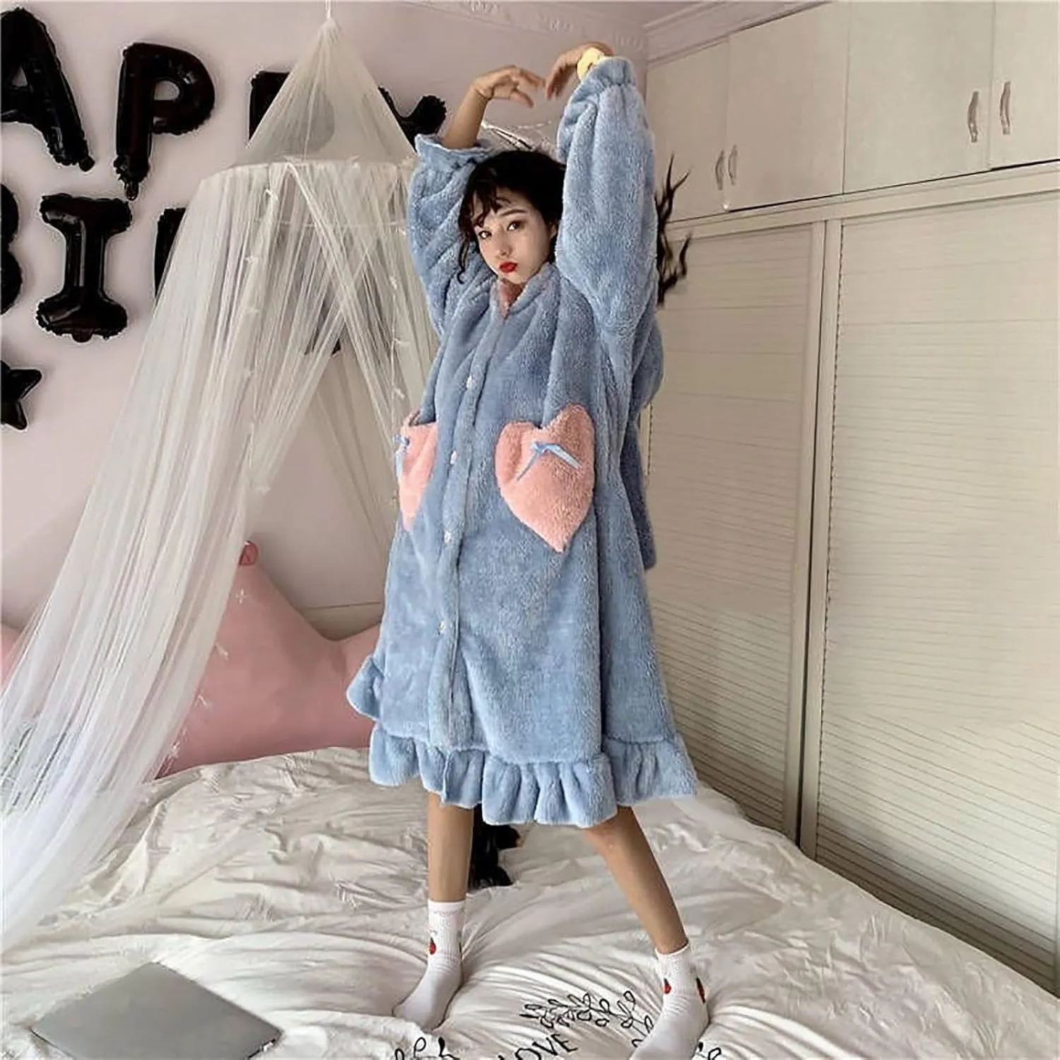 Women's Fuzzy Robe Cute Cartoon Coral Velvet Pajama Robe Soft Comfy Hooded Bathrobe Ladies Sleepwear Housecoat