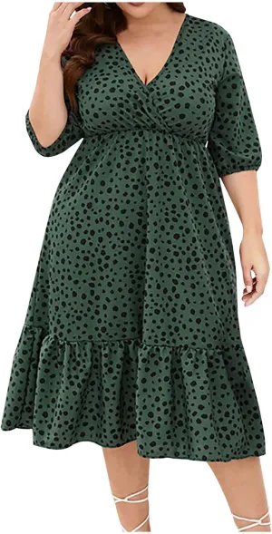 Women's Half Sleeve Plus Size Swing Dress Round Neck Elastic Waist Midi Flowy Knee Length Boho Loose Tunic Dresses