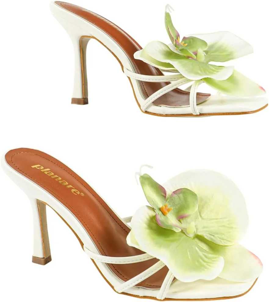 Women’s High Heel Sandals – Elegant Strappy Wedding Shoes with Realistic Orchid Detail, Romantic Square-Toe Dress Sandals for Brides & Special Occasions