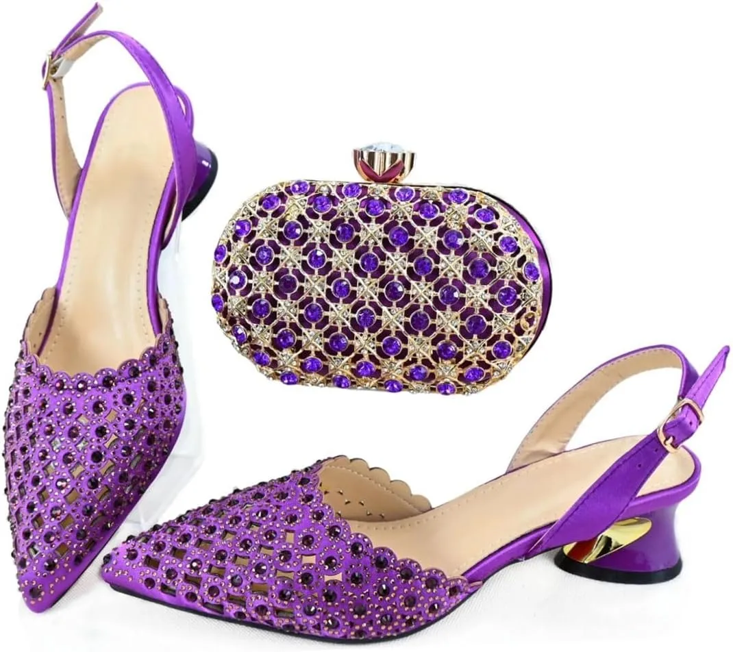 Women's Latest Purple Peep Toe Pump and Bag Set with Thin Heel and Charm Decorations for Dress Occasions