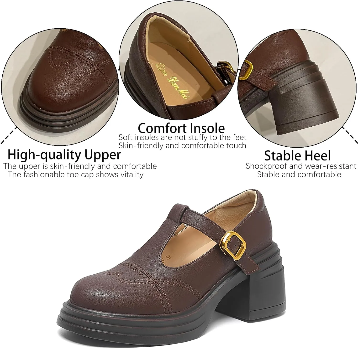 Women's Leather Chunky Heel Mary Jane Pumps with Adjust Buckle Strap Retro Comfortable Round Toe Platform High Heels Sandals for Party Date Office Dress Shoes