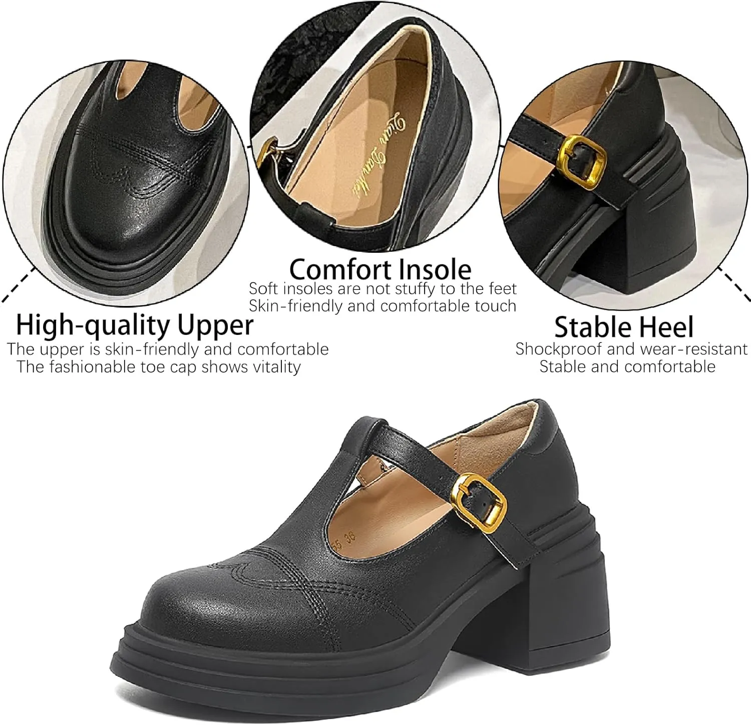Women's Leather Chunky Heel Mary Jane Pumps with Adjust Buckle Strap Retro Comfortable Round Toe Platform High Heels Sandals for Party Date Office Dress Shoes