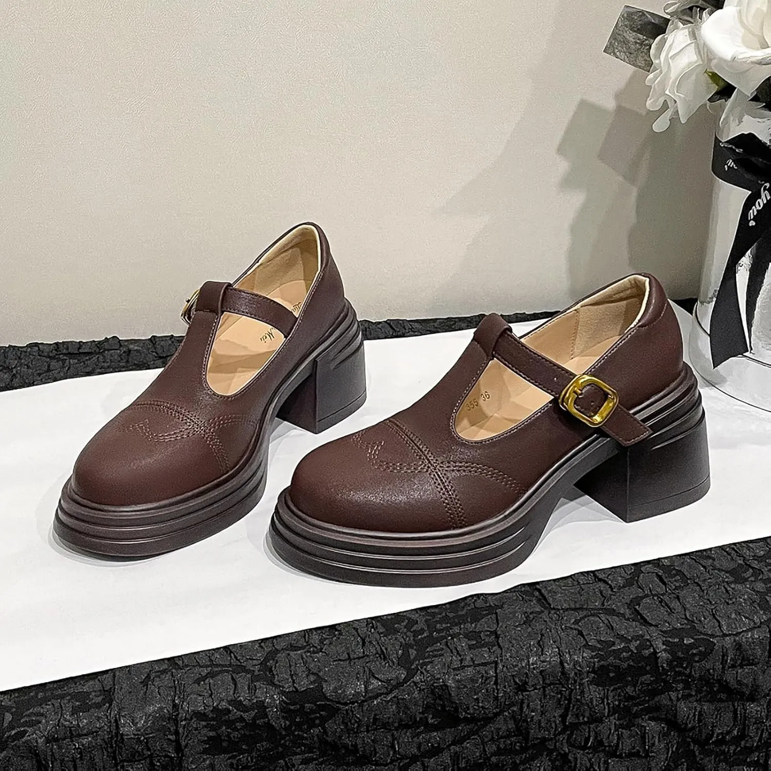 Women's Leather Chunky Heel Mary Jane Pumps with Adjust Buckle Strap Retro Comfortable Round Toe Platform High Heels Sandals for Party Date Office Dress Shoes