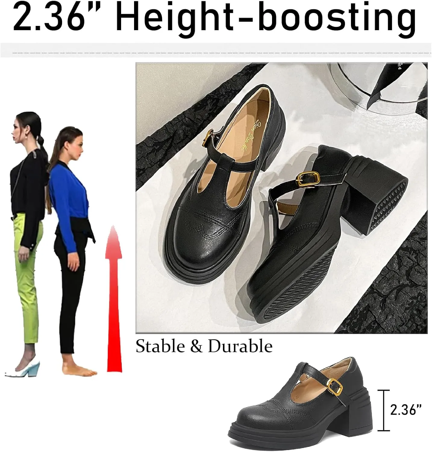 Women's Leather Chunky Heel Mary Jane Pumps with Adjust Buckle Strap Retro Comfortable Round Toe Platform High Heels Sandals for Party Date Office Dress Shoes