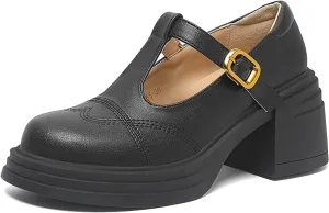 Women's Leather Chunky Heel Mary Jane Pumps with Adjust Buckle Strap Retro Comfortable Round Toe Platform High Heels Sandals for Party Date Office Dress Shoes