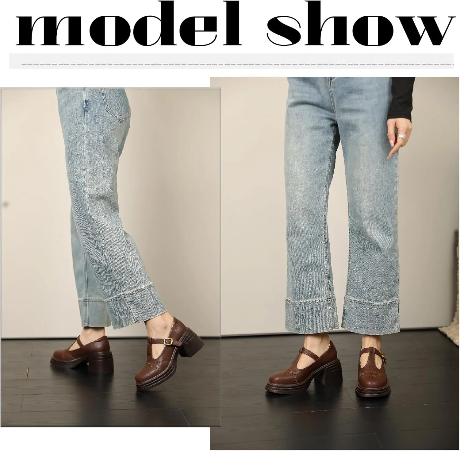 Women's Leather Chunky Heel Mary Jane Pumps with Adjust Buckle Strap Retro Comfortable Round Toe Platform High Heels Sandals for Party Date Office Dress Shoes