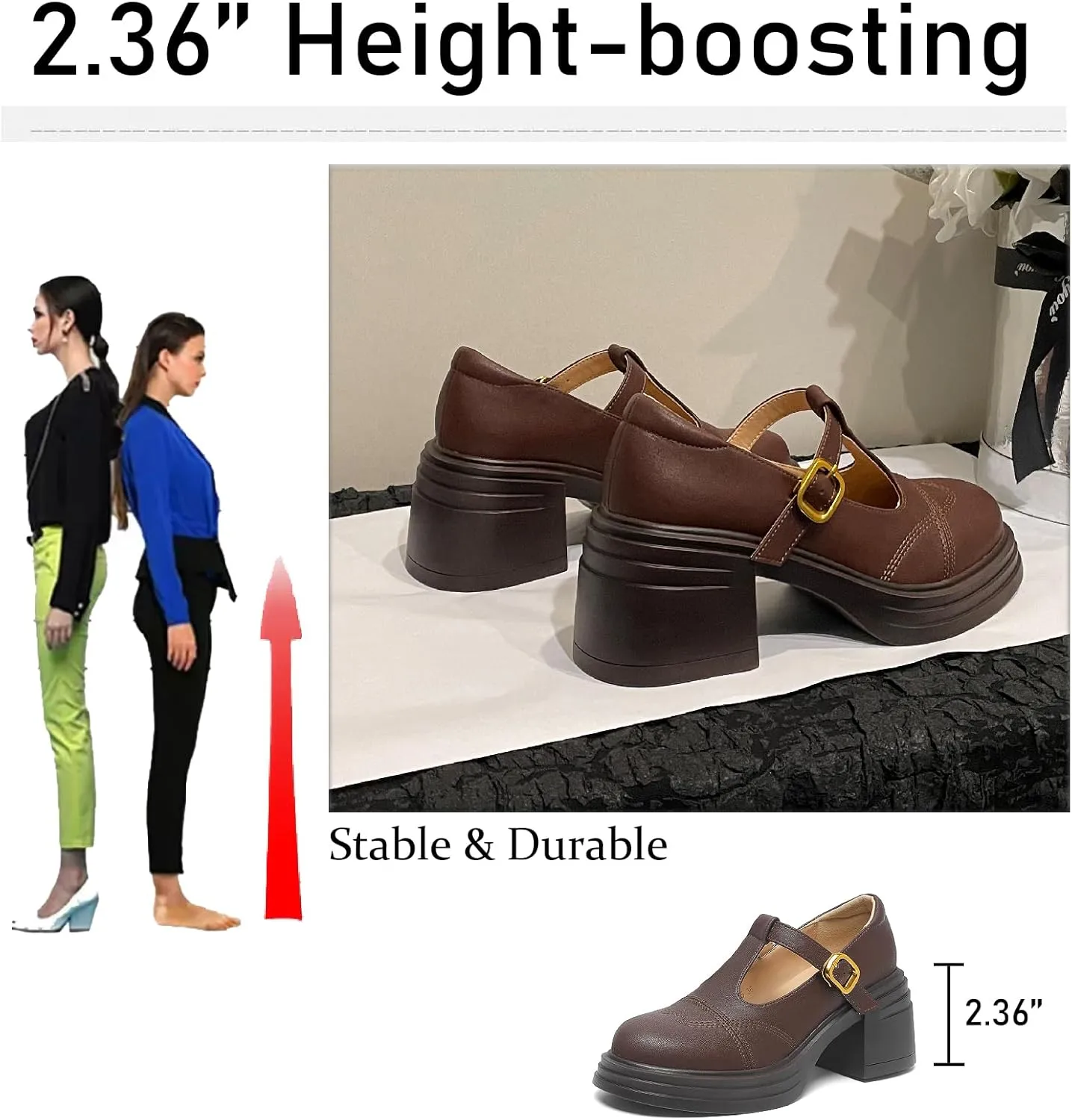Women's Leather Chunky Heel Mary Jane Pumps with Adjust Buckle Strap Retro Comfortable Round Toe Platform High Heels Sandals for Party Date Office Dress Shoes