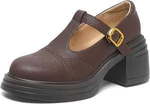 Women's Leather Chunky Heel Mary Jane Pumps with Adjust Buckle Strap Retro Comfortable Round Toe Platform High Heels Sandals for Party Date Office Dress Shoes
