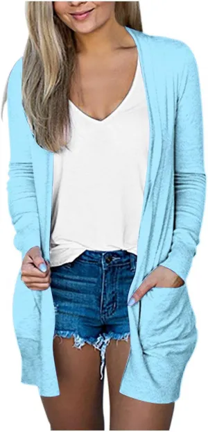 Womens Lightweight Cardigans Solid Color Open Front Cardigan Sweaters with Pockets Casual Long Sleeve Shrugs