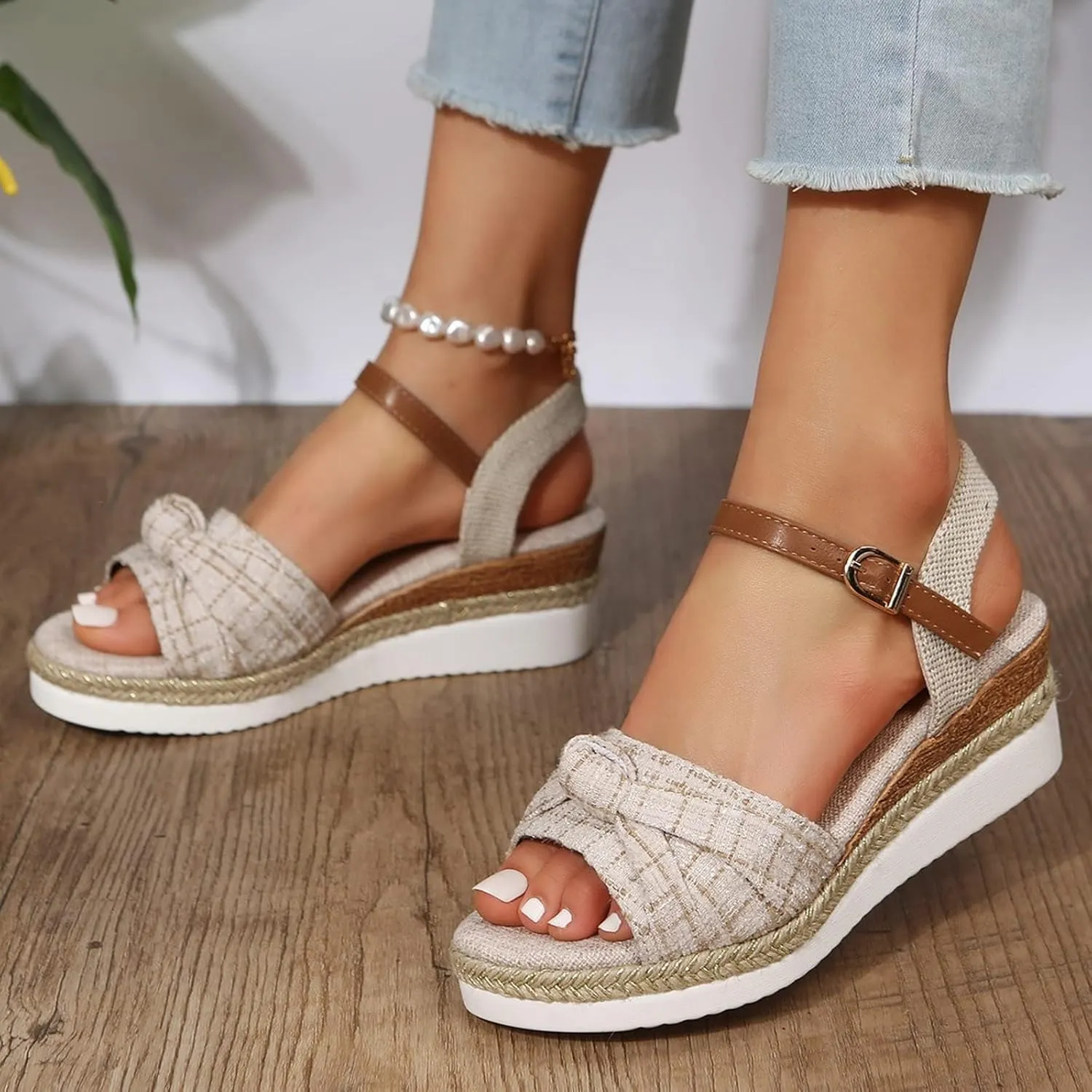 Women’s Linen Wedge Sandals – Open-Toe Espadrille Platform with Brown Leather Ankle Strap – Casual Summer Shoes for Outings & Daily Wear (Sizes 6–11)