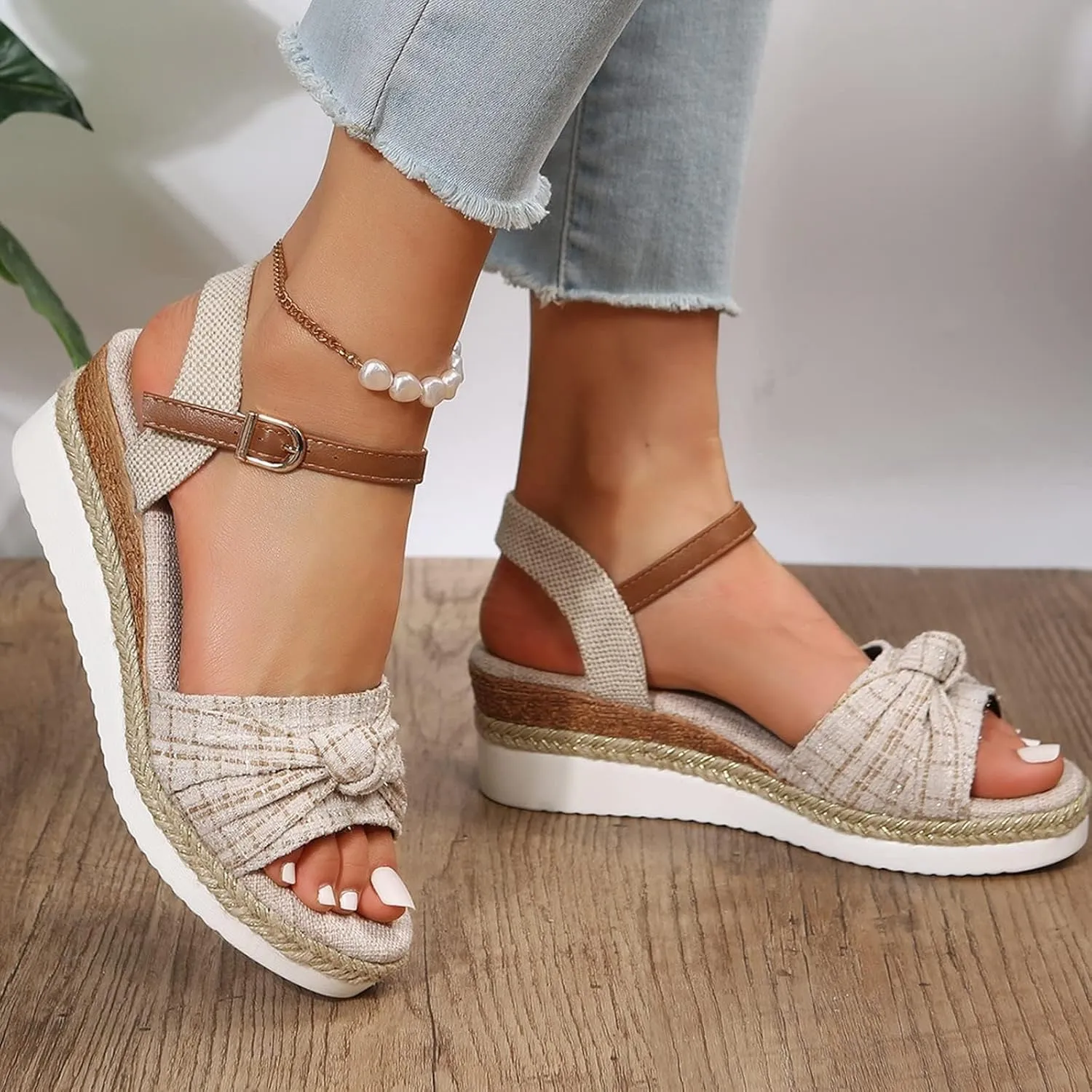 Women’s Linen Wedge Sandals – Open-Toe Espadrille Platform with Brown Leather Ankle Strap – Casual Summer Shoes for Outings & Daily Wear (Sizes 6–11)