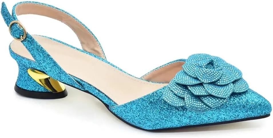 Women's Luxury Crystal Party Shoes and Bag Set with Pointed Toe Hoof Heel Slingbacks for Wedding