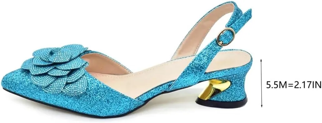 Women's Luxury Crystal Party Shoes and Bag Set with Pointed Toe Hoof Heel Slingbacks for Wedding
