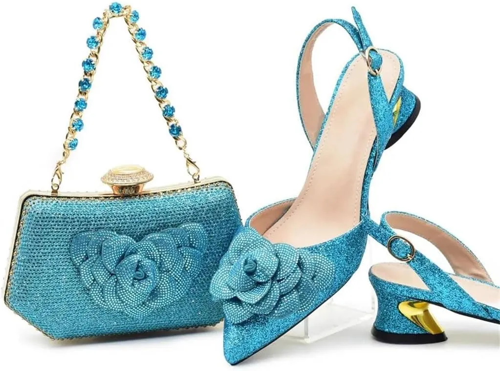Women's Luxury Crystal Party Shoes and Bag Set with Pointed Toe Hoof Heel Slingbacks for Wedding