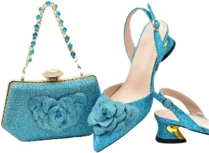 Women's Luxury Crystal Party Shoes and Bag Set with Pointed Toe Hoof Heel Slingbacks for Wedding
