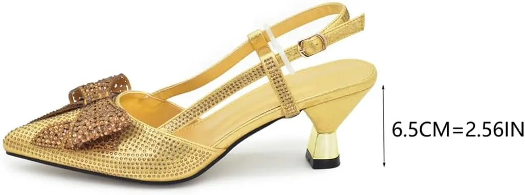 Women's Luxury Diamond Party Shoes and Bag Set with Pointed Toe Spike Heel Slingbacks for Wedding