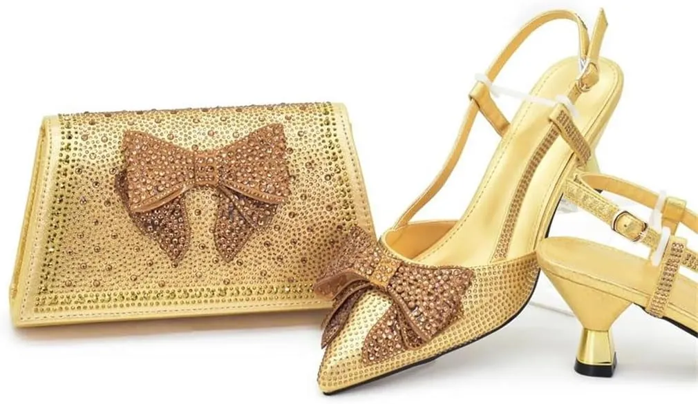 Women's Luxury Diamond Party Shoes and Bag Set with Pointed Toe Spike Heel Slingbacks for Wedding