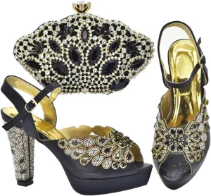 Women's Metal Decor Peep-Toe Super High Heel Pumps with Matching Bag Slip-On Party Shoes