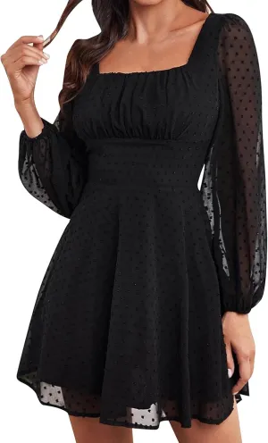 Women's Mini Dresses Fall, Swiss Dot Tiered Mesh Pleated Empire Waist Dress, Square Neck Long Sleeve Bodycon Dresses