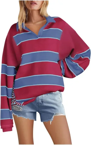 Womens Oversized Striped Swearshirt V Neck Color Block Tops Teen Girls Y2K Clothes Trendy Preppy Outfits Fall Shirts