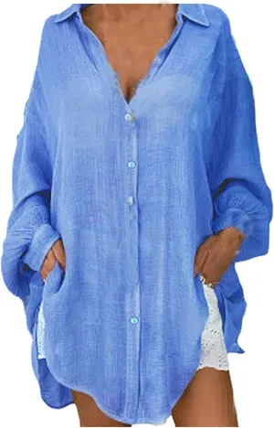 Womens Plus Size Linen Shirts Puff Sleeve Button Up V Neck Tops Dropped Loungewear Pajamas Trendy Fall Clothes