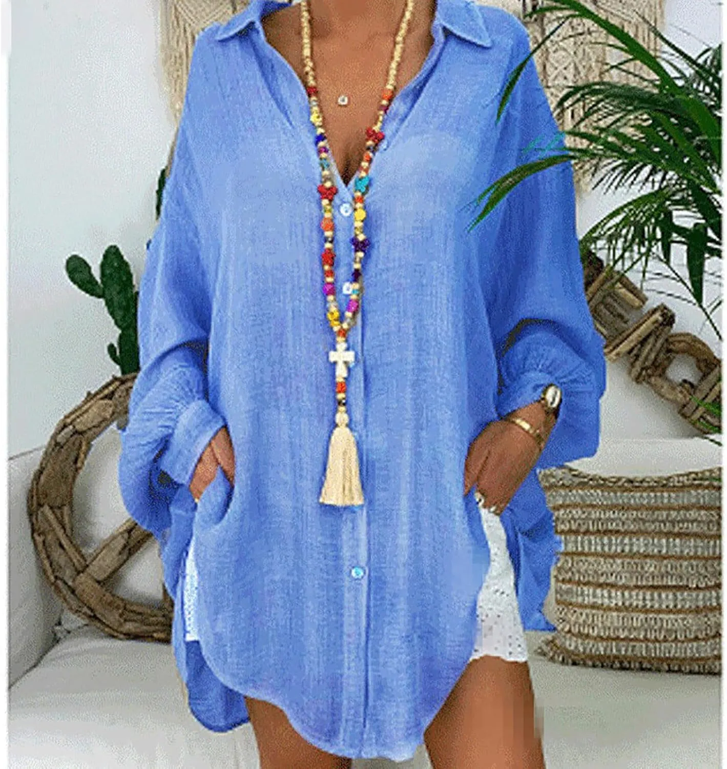 Womens Plus Size Linen Shirts Puff Sleeve Button Up V Neck Tops Dropped Loungewear Pajamas Trendy Fall Clothes