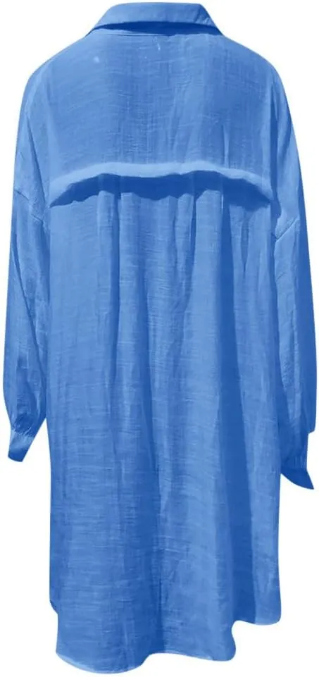 Womens Plus Size Linen Shirts Puff Sleeve Button Up V Neck Tops Dropped Loungewear Pajamas Trendy Fall Clothes