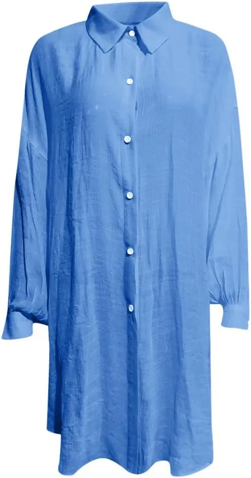 Womens Plus Size Linen Shirts Puff Sleeve Button Up V Neck Tops Dropped Loungewear Pajamas Trendy Fall Clothes