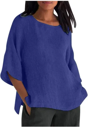 Womens Shirts Casual Summer Crew Neck Elbow Length Sleeve Blouses Loose Fitting Linen Tops Ladies Trendy Clothes 2025