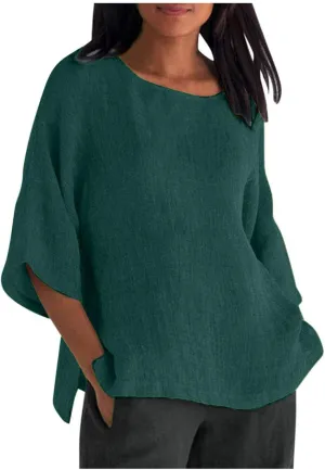 Womens Shirts Casual Summer Crew Neck Elbow Length Sleeve Blouses Loose Fitting Linen Tops Ladies Trendy Clothes 2025