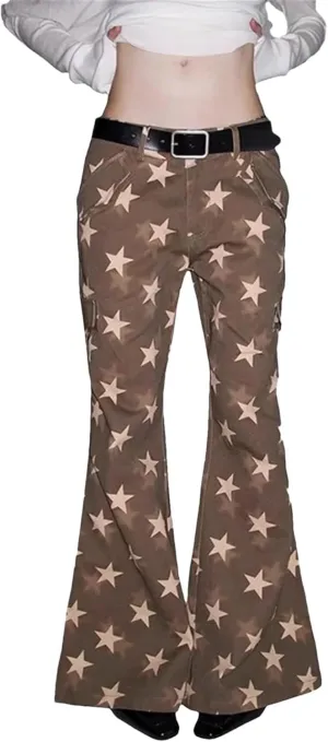 Women's Star Print Brown Jeans - 90S Retro Design & Dual-Button Low Rise for Bootcut Aesthetic