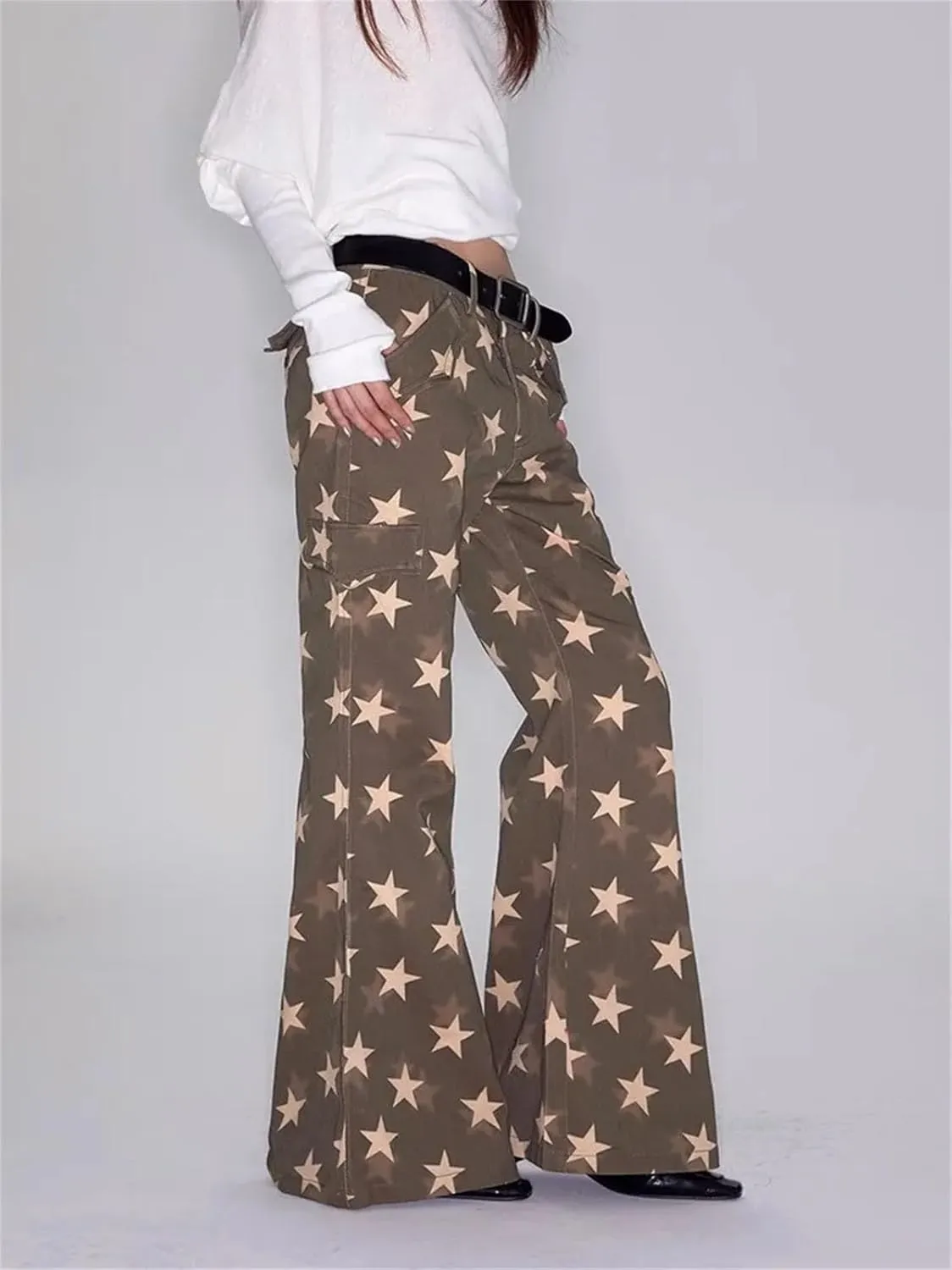 Women's Star Print Brown Jeans - 90S Retro Design & Dual-Button Low Rise for Bootcut Aesthetic