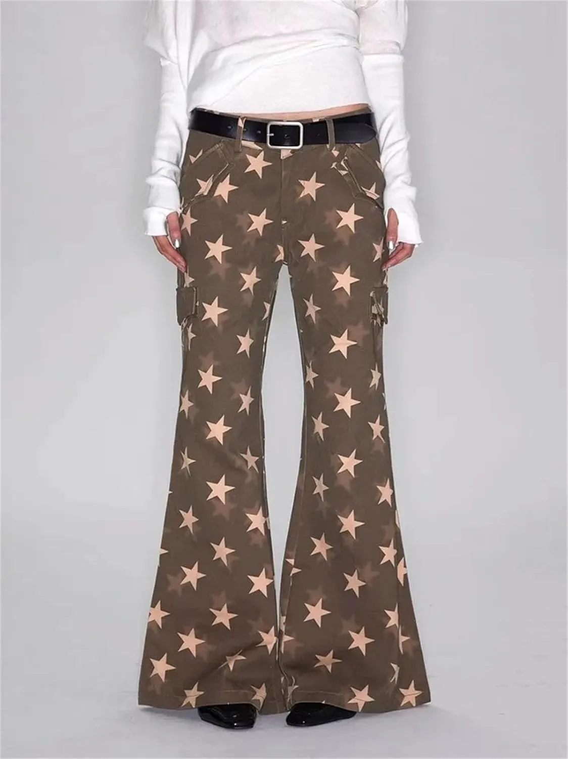 Women's Star Print Brown Jeans - 90S Retro Design & Dual-Button Low Rise for Bootcut Aesthetic
