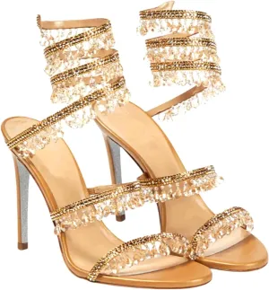 Women's Strappy Rhinestone Stiletto Gladiator Spiral Heels Open Toe Lace up Tassel Wrap Around Crystal High Heels Sandals Prom