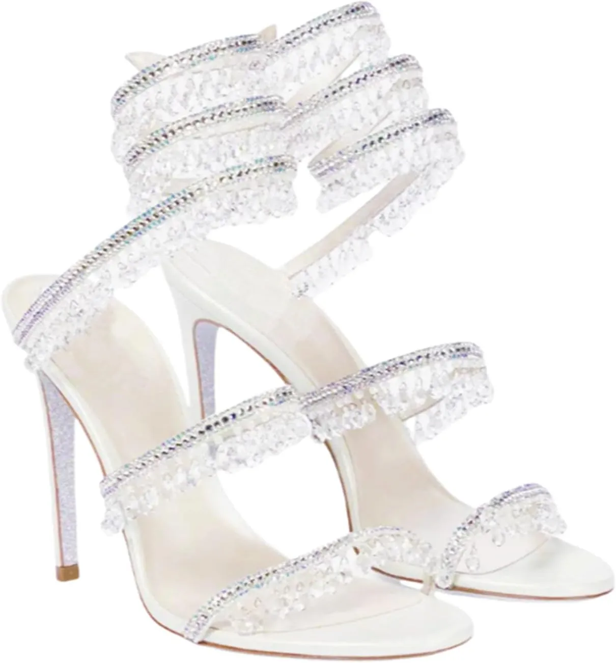 Women's Strappy Rhinestone Stiletto Gladiator Spiral Heels Open Toe Lace up Tassel Wrap Around Crystal High Heels Sandals Prom