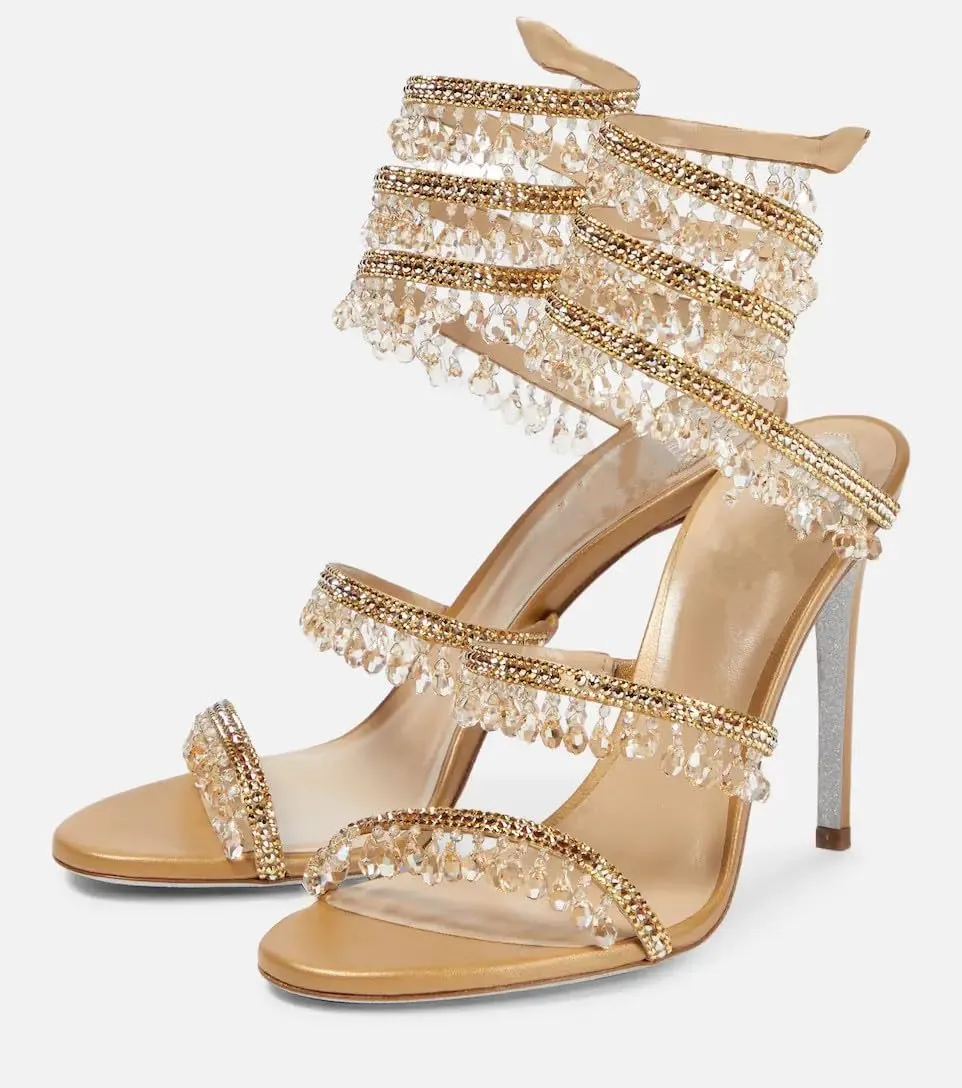 Women's Strappy Rhinestone Stiletto Gladiator Spiral Heels Open Toe Lace up Tassel Wrap Around Crystal High Heels Sandals Prom