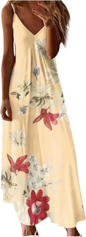 Women's Summer Spaghetti Strap Elegant Long Dresses Plus Size Vacation Flowy Beach Sundress Loose Floor Length Dress Beige XL