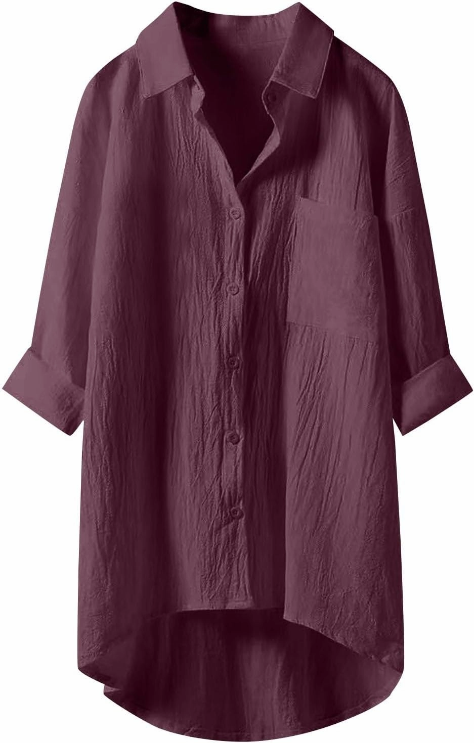 Womens Cotton Linen Button Down Flowy Shirts Long Sleeve V Neck Elegant High Low Loose Tops Plain Oversize Blouse
