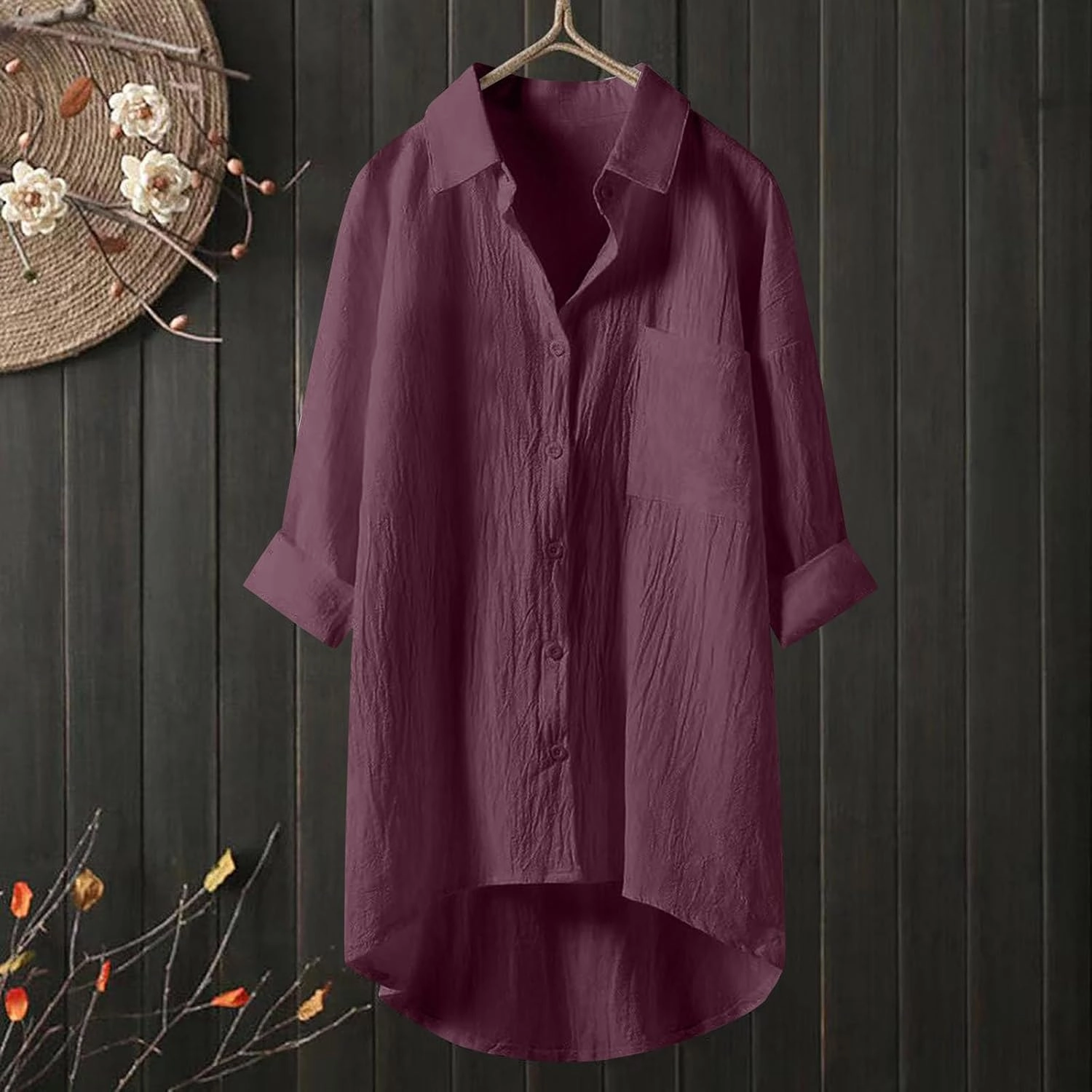 Womens Cotton Linen Button Down Flowy Shirts Long Sleeve V Neck Elegant High Low Loose Tops Plain Oversize Blouse