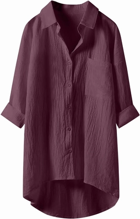 Womens Cotton Linen Button Down Flowy Shirts Long Sleeve V Neck Elegant High Low Loose Tops Plain Oversize Blouse