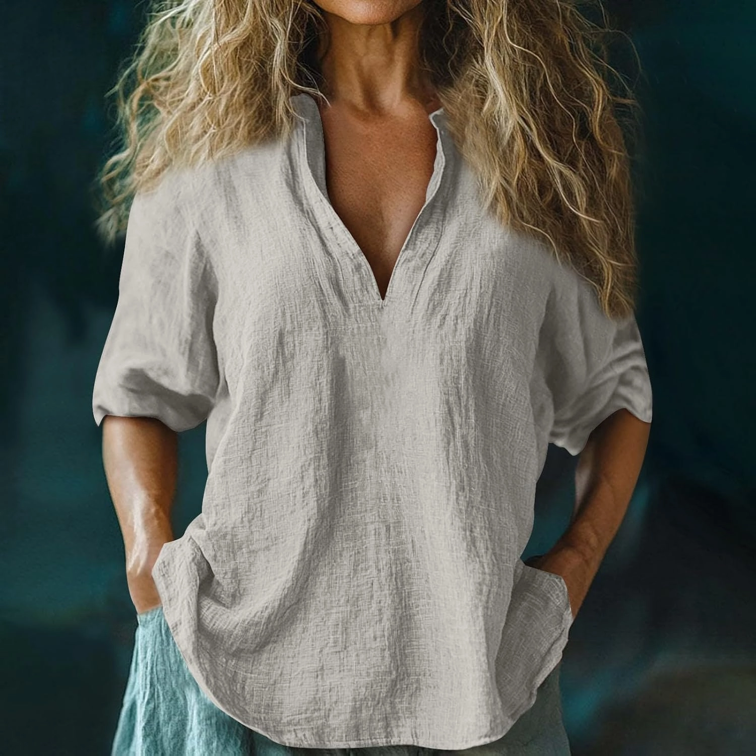 Womens Roll Up Sleeve Linen Shirts Casual Relaxed Fit V Neck Office T Shirts Vacation Stylish Solid Cruise Wear 2025