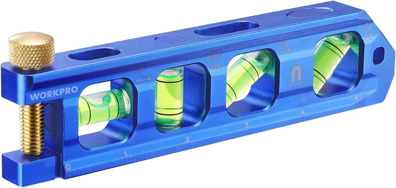 WORKPRO Conduit Bending Level, Magnetic Torpedo Level, Pipe Level, Bubble Vials for 0°/90°/30°/45° Measurements, Aluminum Alloy Construction, 6.3-inch, Cobalt Blue