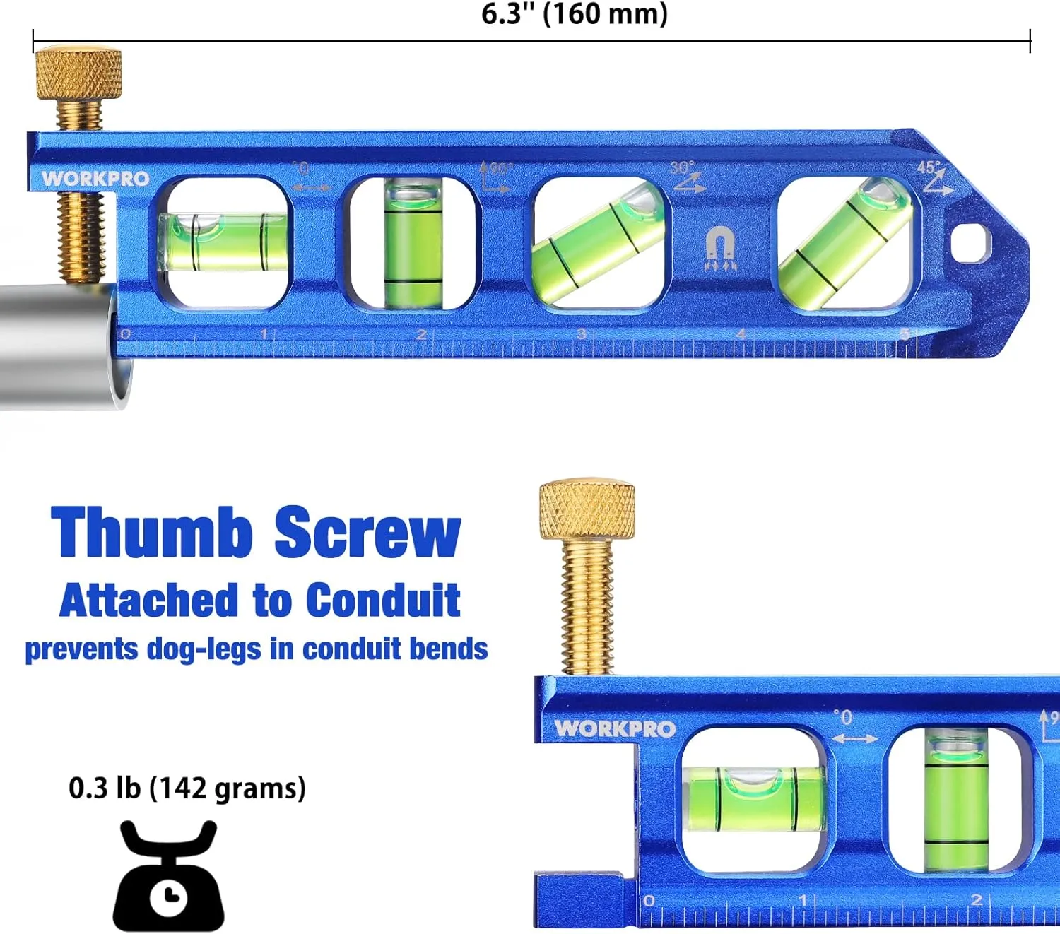WORKPRO Conduit Bending Level, Magnetic Torpedo Level, Pipe Level, Bubble Vials for 0°/90°/30°/45° Measurements, Aluminum Alloy Construction, 6.3-inch, Cobalt Blue