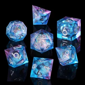 YEMEKO Handmade Liquid Core DND Dice Set Quicksand Ball, 7 Accessories Dice for Dungeons and Dragons, Polyhedral Resin Sharp Edge Dice Roleplaying （Liquid Ocean Blue Purple）