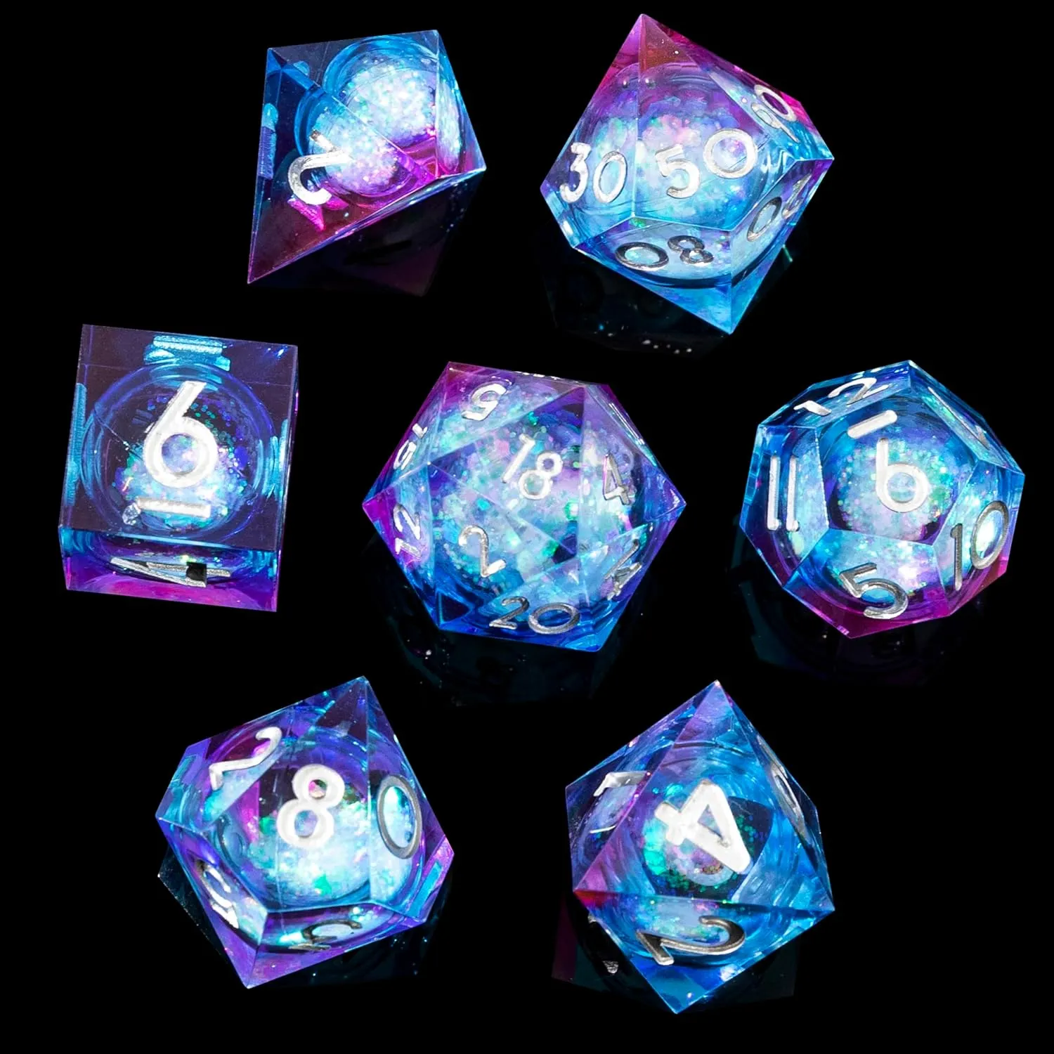 YEMEKO Handmade Liquid Core DND Dice Set Quicksand Ball, 7 Accessories Dice for Dungeons and Dragons, Polyhedral Resin Sharp Edge Dice Roleplaying （Liquid Ocean Blue Purple）