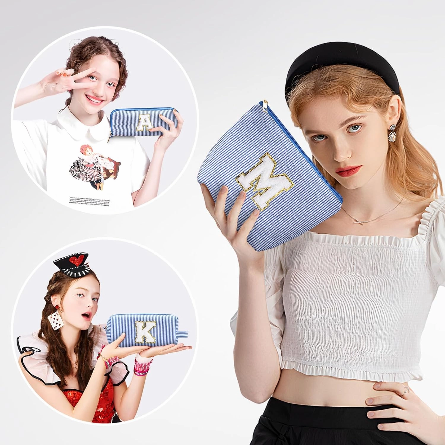 YOOLIFE Initial Makeup Bag, Travel Makeup Bag Small Makeup Bag Travel Essentials Make Up Bag Bridesmaid Proposal Birthday Gifts Wedding Gifts Birthday Gifts for Women Her Mom Wife Sister K