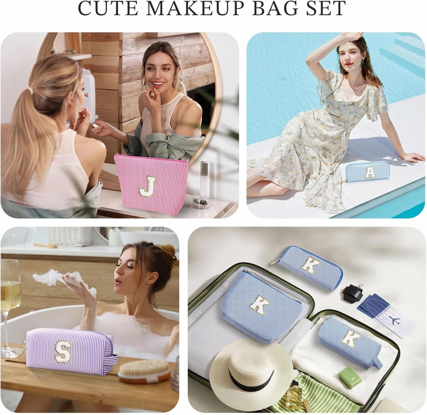 YOOLIFE Initial Makeup Bag, Travel Makeup Bag Small Makeup Bag Travel Essentials Make Up Bag Bridesmaid Proposal Birthday Gifts Wedding Gifts Birthday Gifts for Women Her Mom Wife Sister K