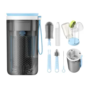 YOTIME Travel Baby Bottle Brush Set, Included Silicone Bottle Brush, Nipple Cleaner Brush, Straw Brush, Soap Dispenser and Drying Rack, Blue