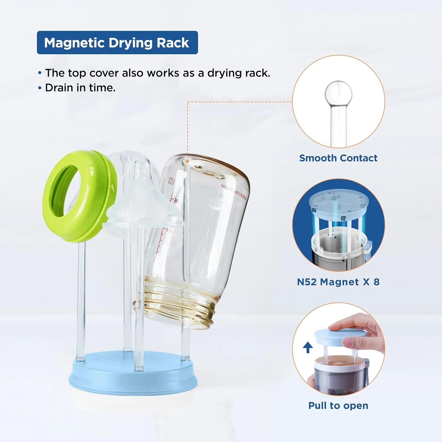 YOTIME Travel Baby Bottle Brush Set, Included Silicone Bottle Brush, Nipple Cleaner Brush, Straw Brush, Soap Dispenser and Drying Rack, Blue